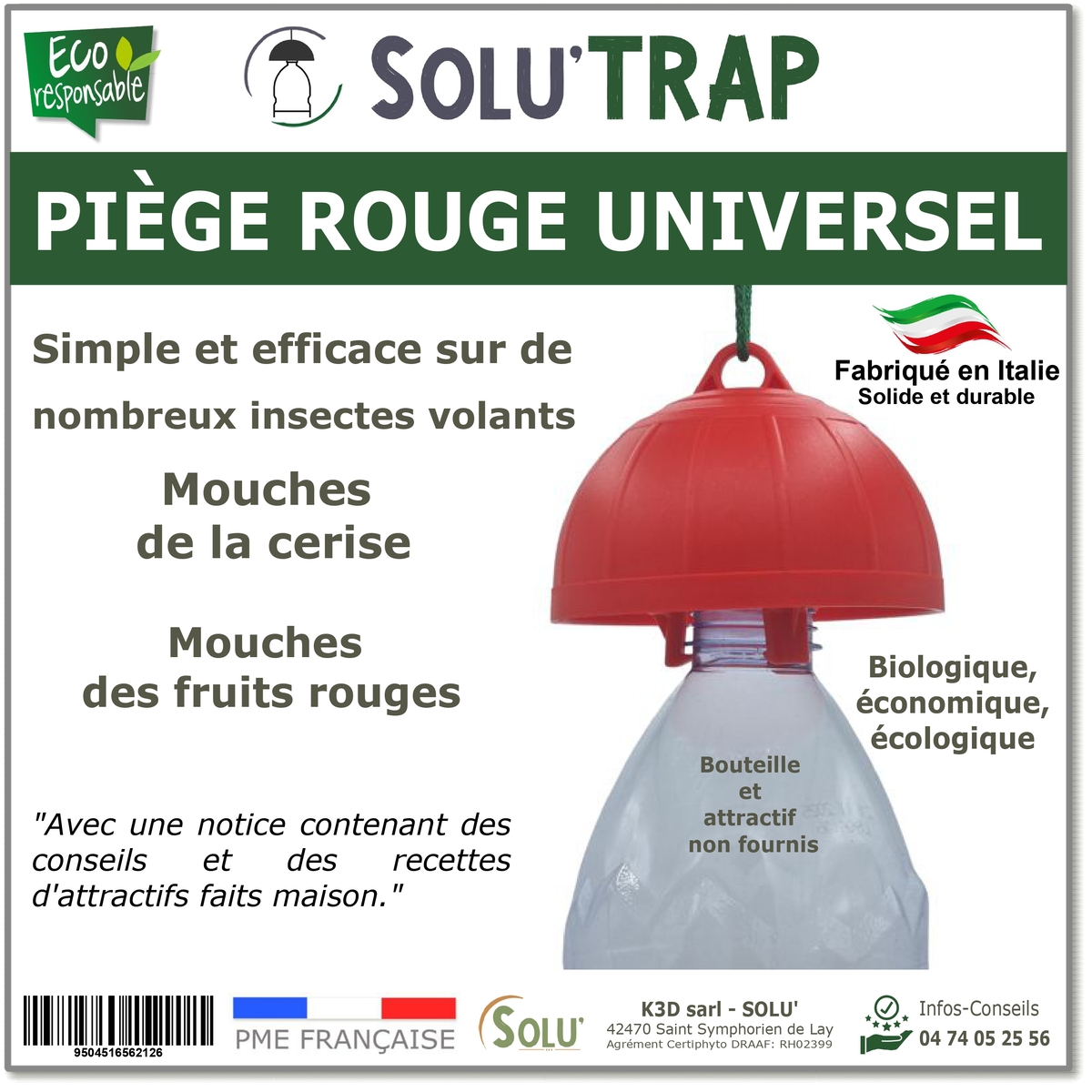 Piège à bouteille universel Rouge pour la mouches de la Cerise et Fruits Rouges - SOLU